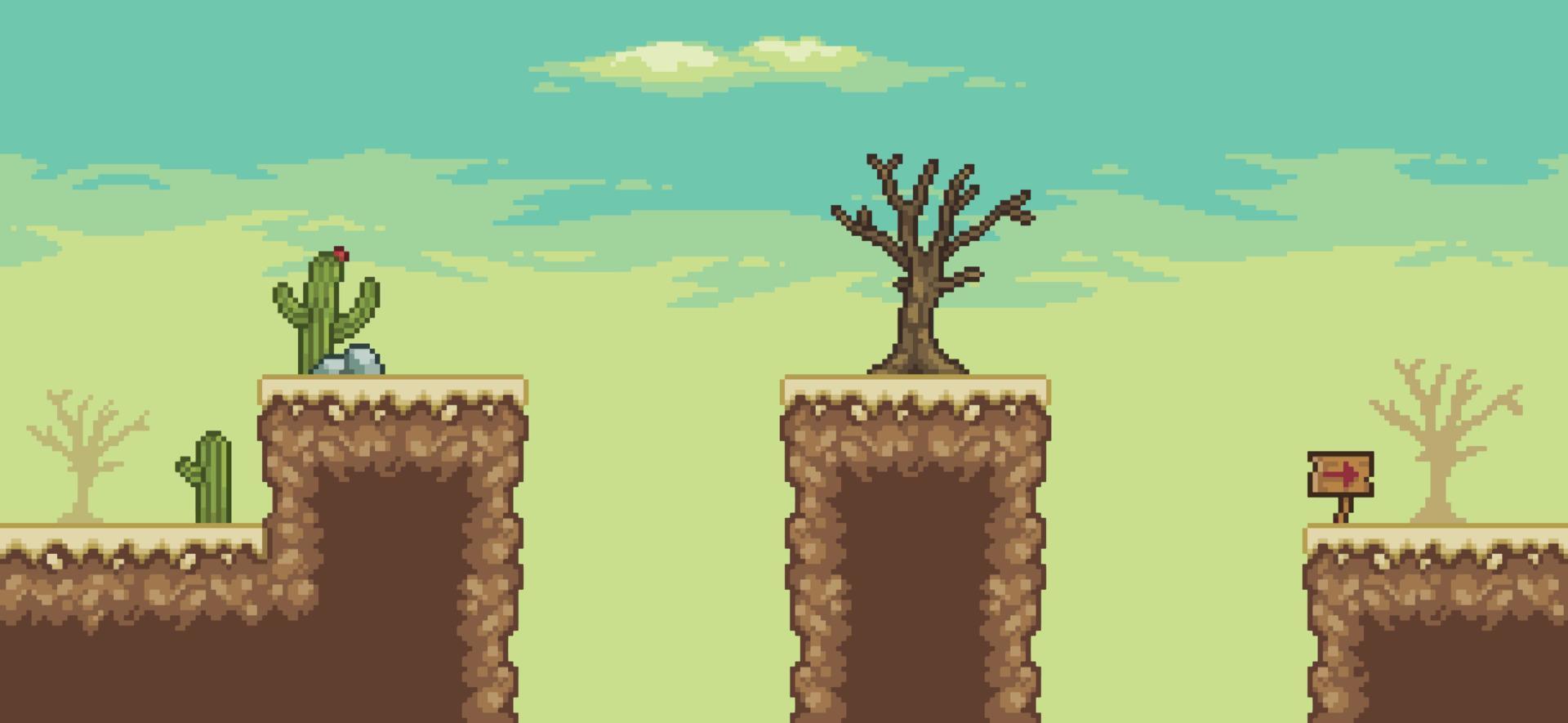 Pixel art desert game scene with dry tree, cactuses, wooden board, clouds 8bit landscape background vector
