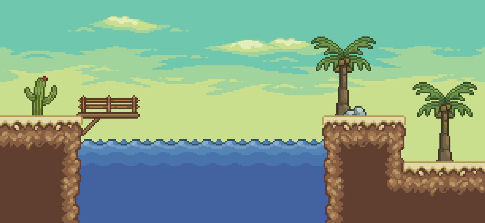 escena de juego del desierto de pixel art con palmera, oasis, cactus, fondo de paisaje de puente de 8 bits vector