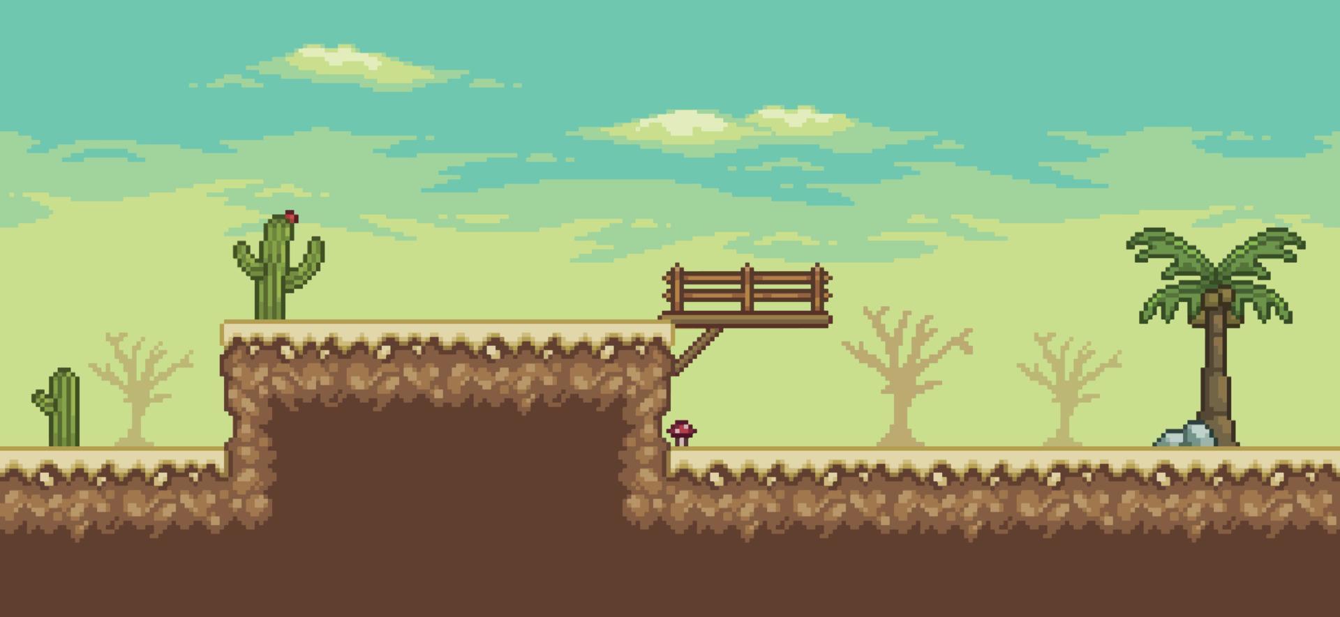 escena de juego del desierto de pixel art con palmera, cactus, vector de fondo de puente de 8 bits