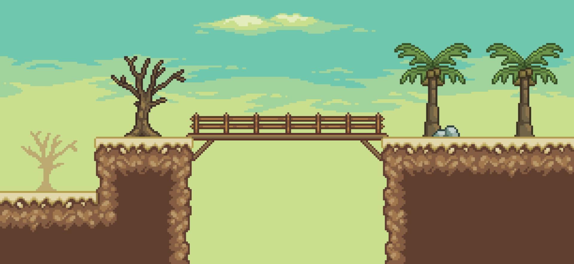 escena del juego del desierto de pixel art con palmera, cactus, puente, fondo de árbol de 8 bits vector