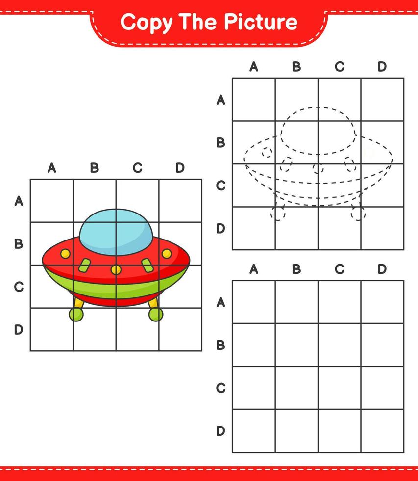 Copy the picture, copy the picture of Ufo using grid lines. Educational children game, printable worksheet, vector illustration