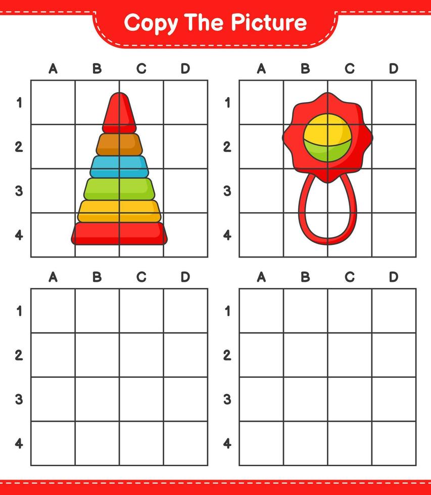 copie la imagen, copie la imagen del juguete piramidal y el sonajero usando líneas de cuadrícula. juego educativo para niños, hoja de cálculo imprimible, ilustración vectorial vector