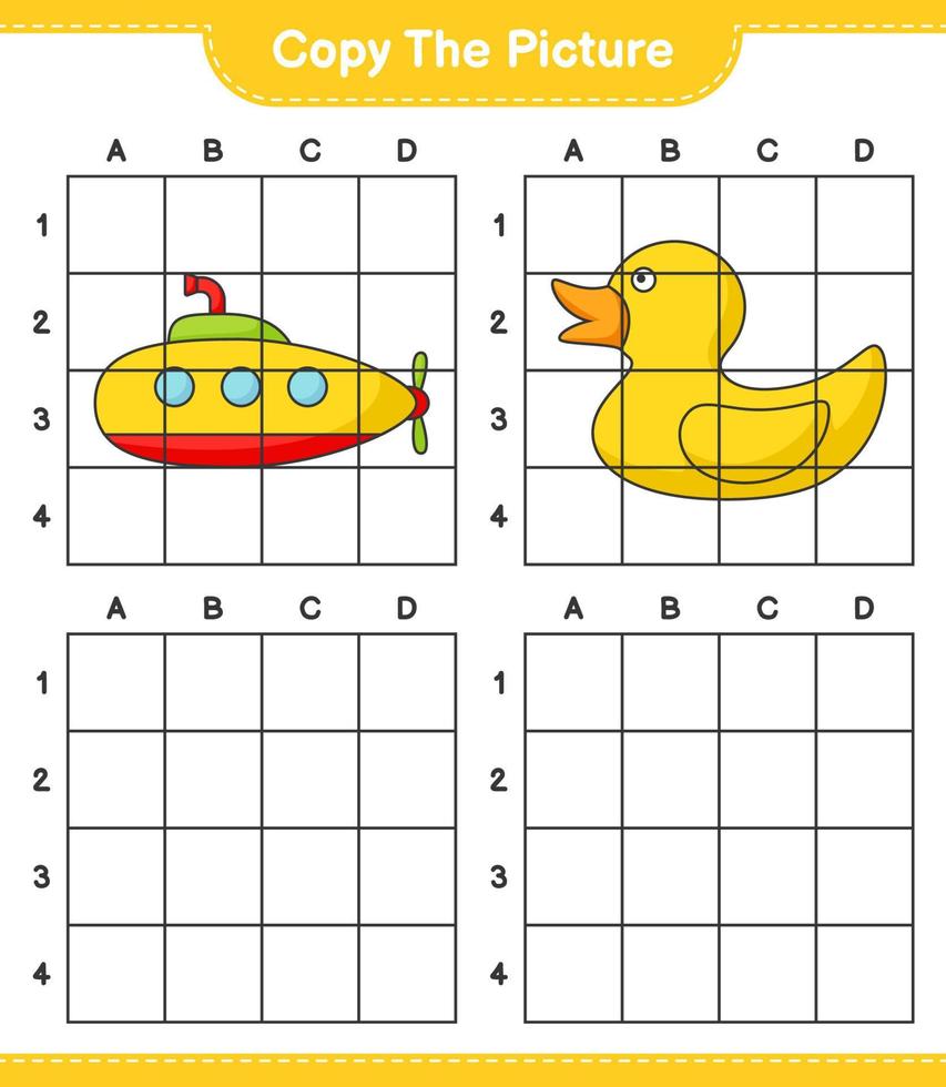 Copy the picture, copy the picture of Submarine and Rubber Duck using grid lines. Educational children game, printable worksheet, vector illustration