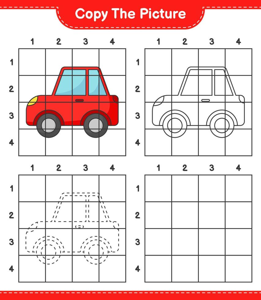 Copy the picture, copy the picture of Car using grid lines. Educational children game, printable worksheet, vector illustration