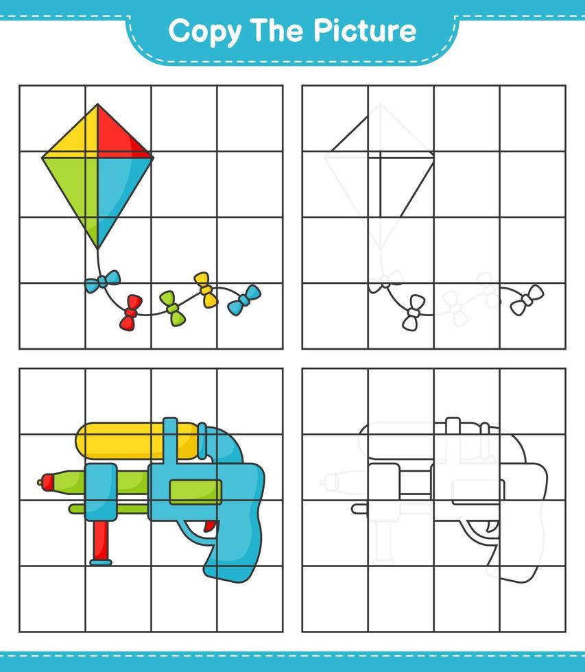 Copy the picture, copy the picture of Kite and Water Gun using grid lines. Educational children game, printable worksheet, vector illustration