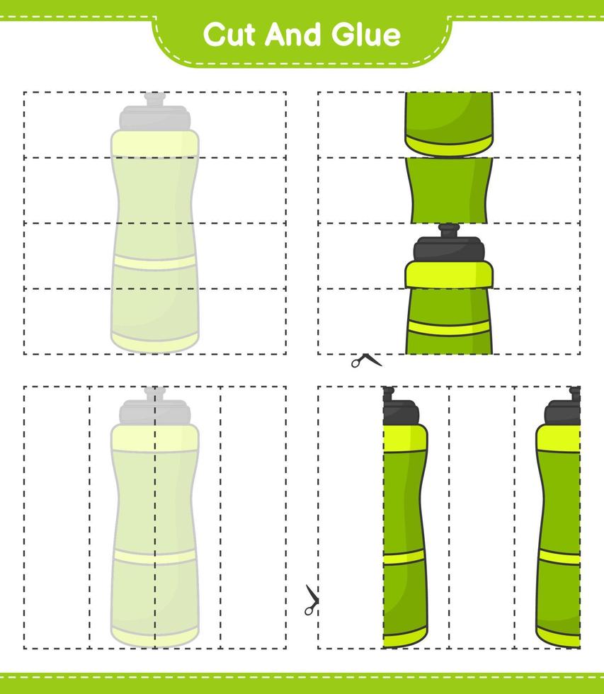 Cut and glue, cut parts of Sport Water Bottle and glue them. Educational children game, printable worksheet, vector illustration