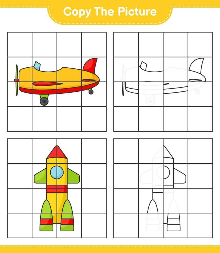 copie la imagen, copie la imagen del avión y el cohete usando líneas de cuadrícula. juego educativo para niños, hoja de cálculo imprimible, ilustración vectorial vector