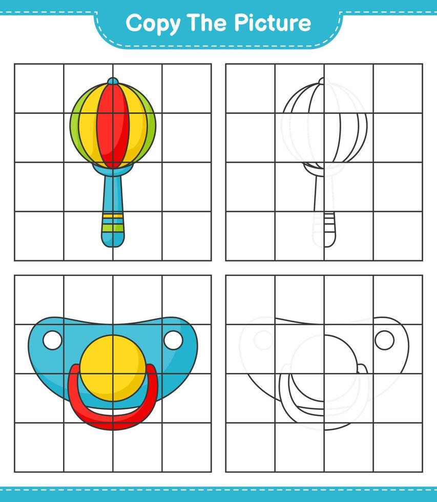 Copy the picture, copy the picture of Baby Rattle and Pacifier using grid lines. Educational children game, printable worksheet, vector illustration