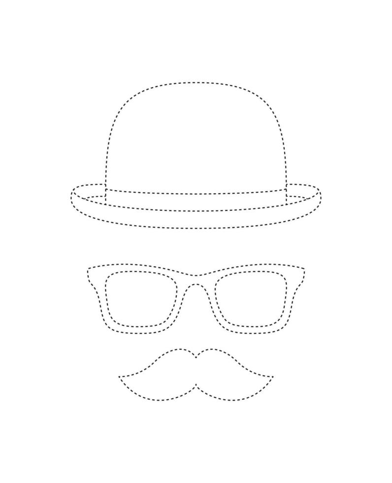 hoja de trabajo de rastreo de bigote, sombrero y anteojos para niños vector