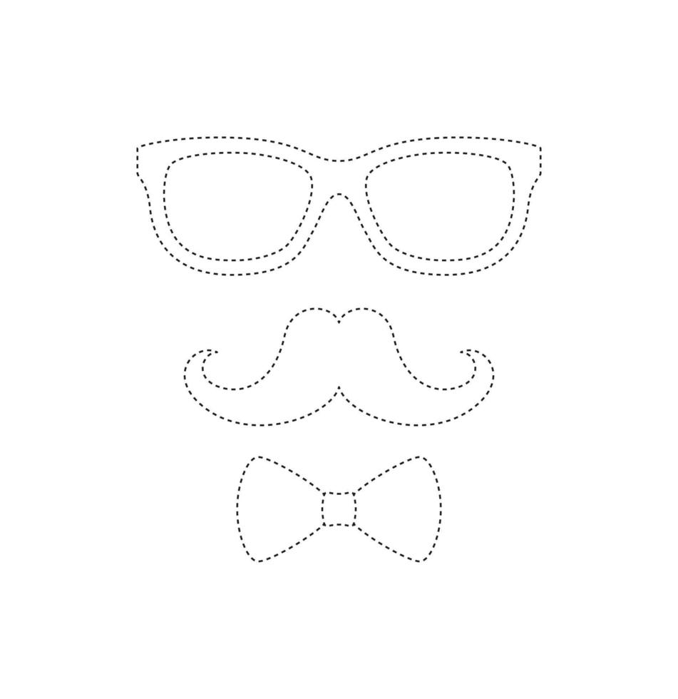 Mustache, Bow Tie, and Glasses tracing worksheet for kids vector