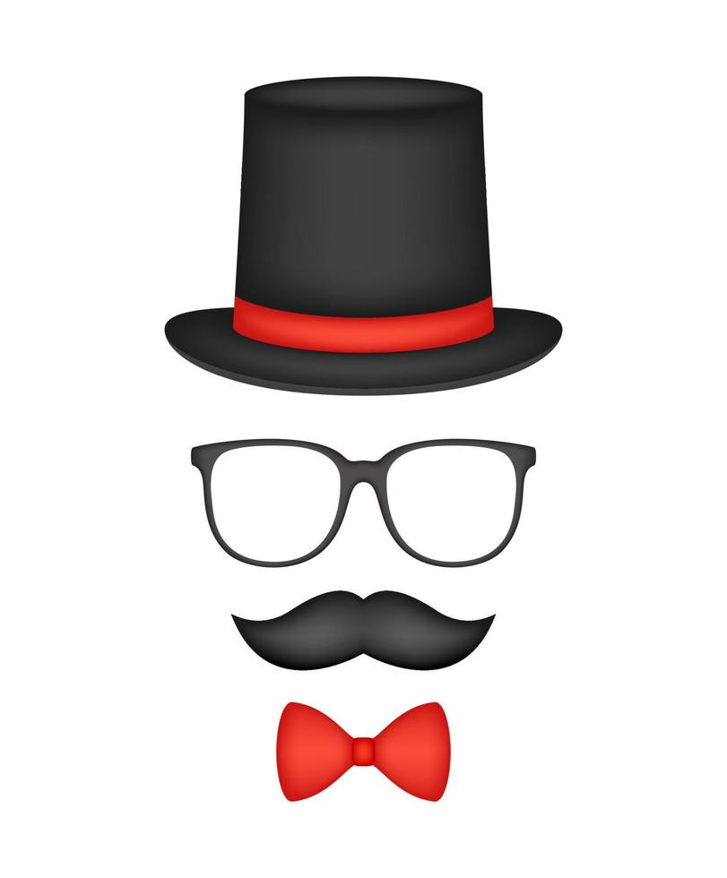 bigote, pajarita, sombrero y gafas aislado sobre fondo blanco. vector