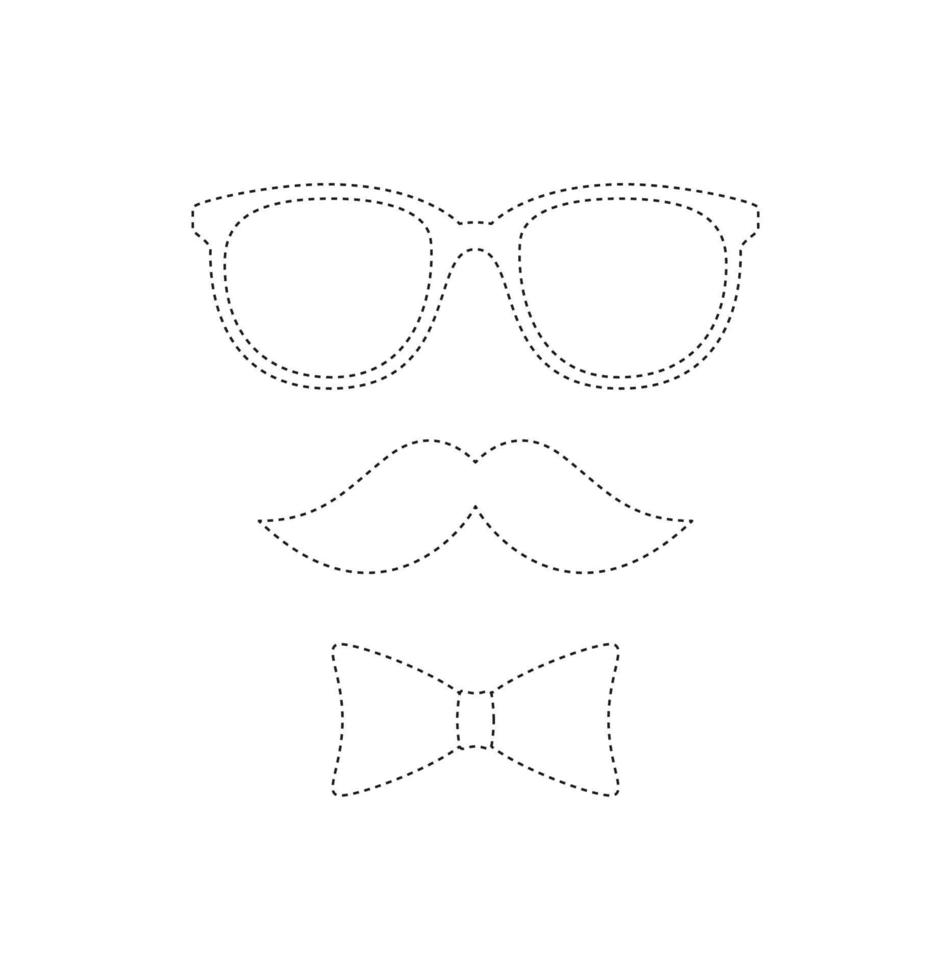 Mustache, Bow Tie, and Glasses tracing worksheet for kids vector