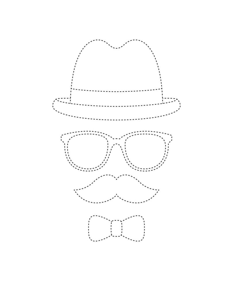 Mustache, Bow Tie, Hat, and Glasses tracing worksheet for kids vector