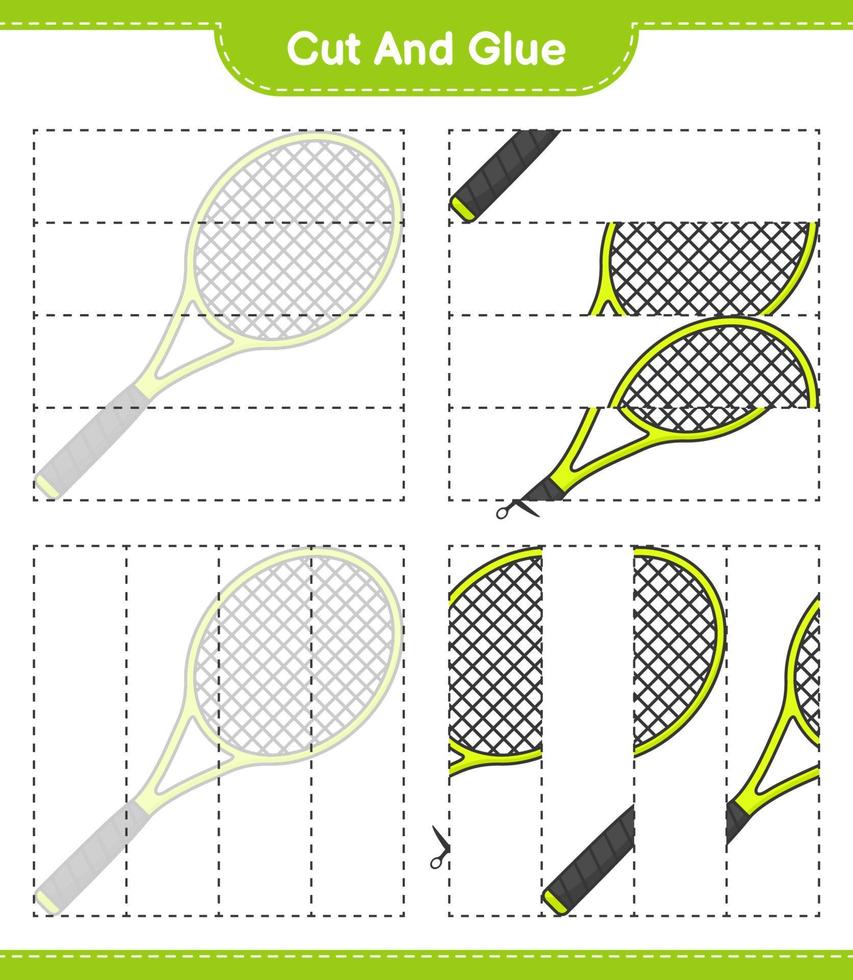 Cut and glue, cut parts of Tennis Racket and glue them. Educational children game, printable worksheet, vector illustration
