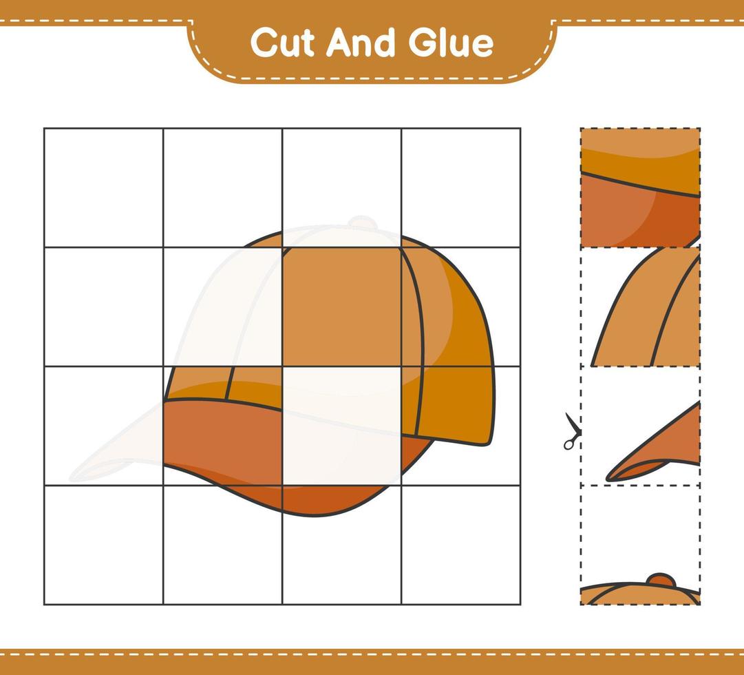 Cut and glue, cut parts of Cap Hat and glue them. Educational children game, printable worksheet, vector illustration