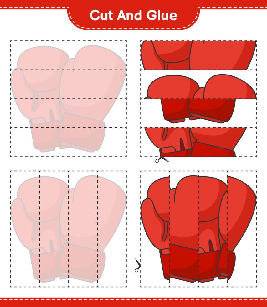 cortar y pegar, cortar partes de guantes de boxeo y pegarlas. juego educativo para niños, hoja de cálculo imprimible, ilustración vectorial vector