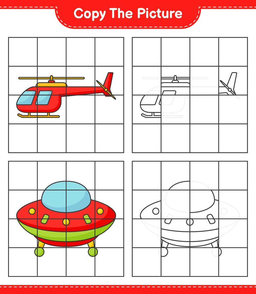 Copy the picture, copy the picture of Helicopter and Ufo using grid lines. Educational children game, printable worksheet, vector illustration