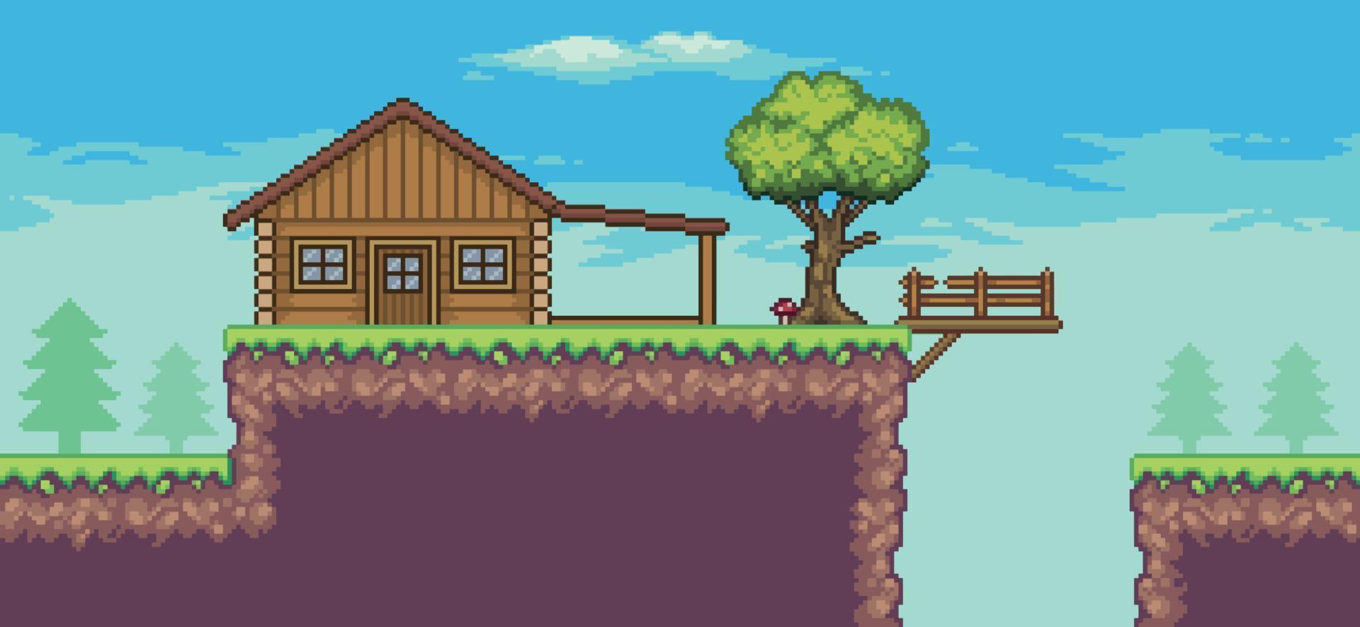 Pixel art arcade game scene with wood house, trees, fence, bridge and clouds 8bit background vector