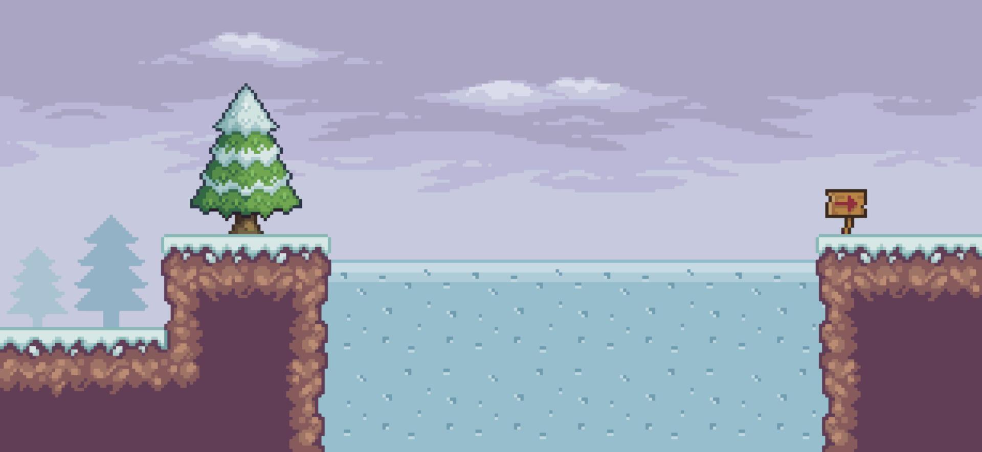 escena de juego de arte de píxeles en la nieve con pinos, lago congelado, nubes, flecha indicativa de fondo de 8 bits vector