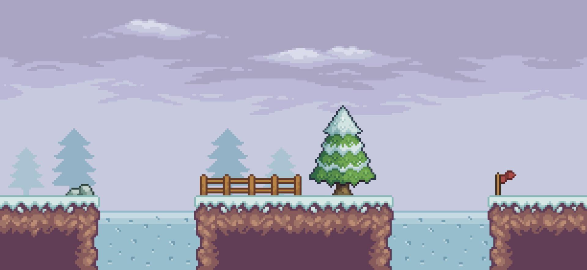 Pixel art game scene in snow with pine trees, bridge, fence, frozen lake and clouds 8 bit vector background