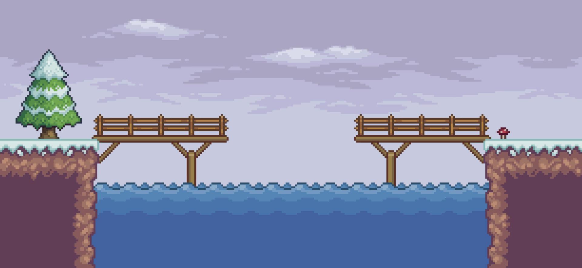 escena de juego de arte de píxeles en pinos de nieve, puente de madera, fondo de lago de 8 bits vector