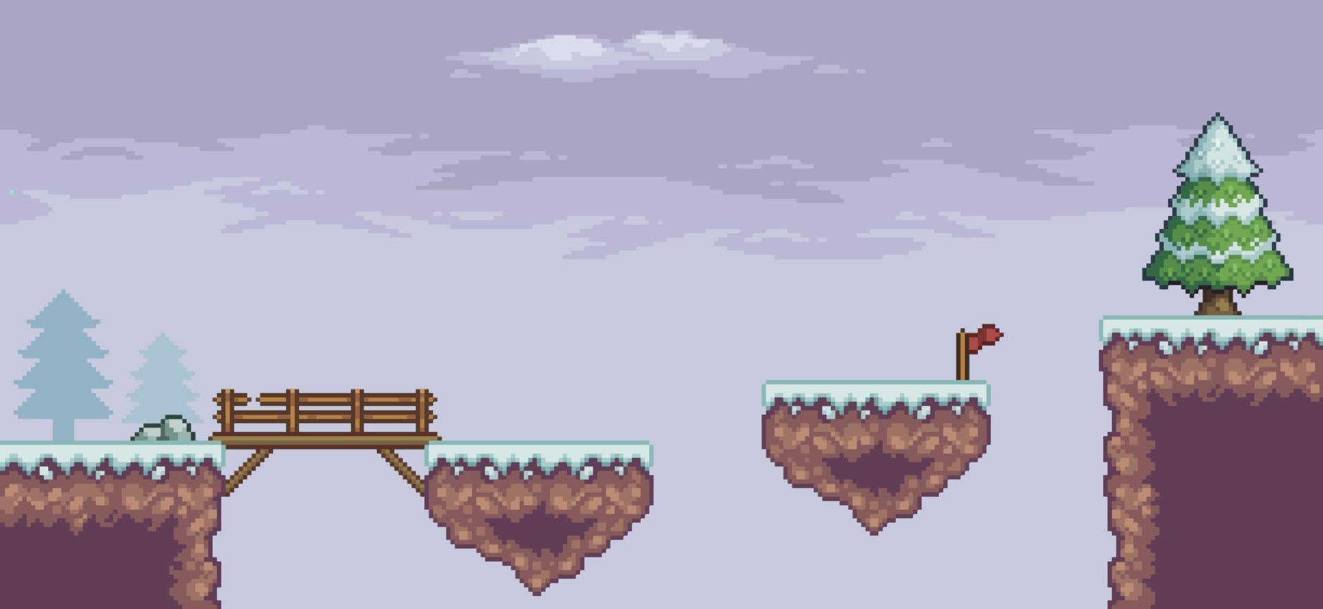 escena de juego de arte de píxeles en pinos de nieve, puente de madera, fondo de bandera de 8 bits vector