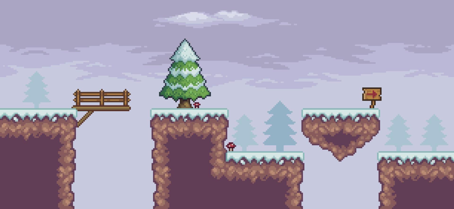 escena de juego de arte de píxeles en la nieve con pinos, isla flotante, puente y nubes de fondo vectorial de 8 bits vector