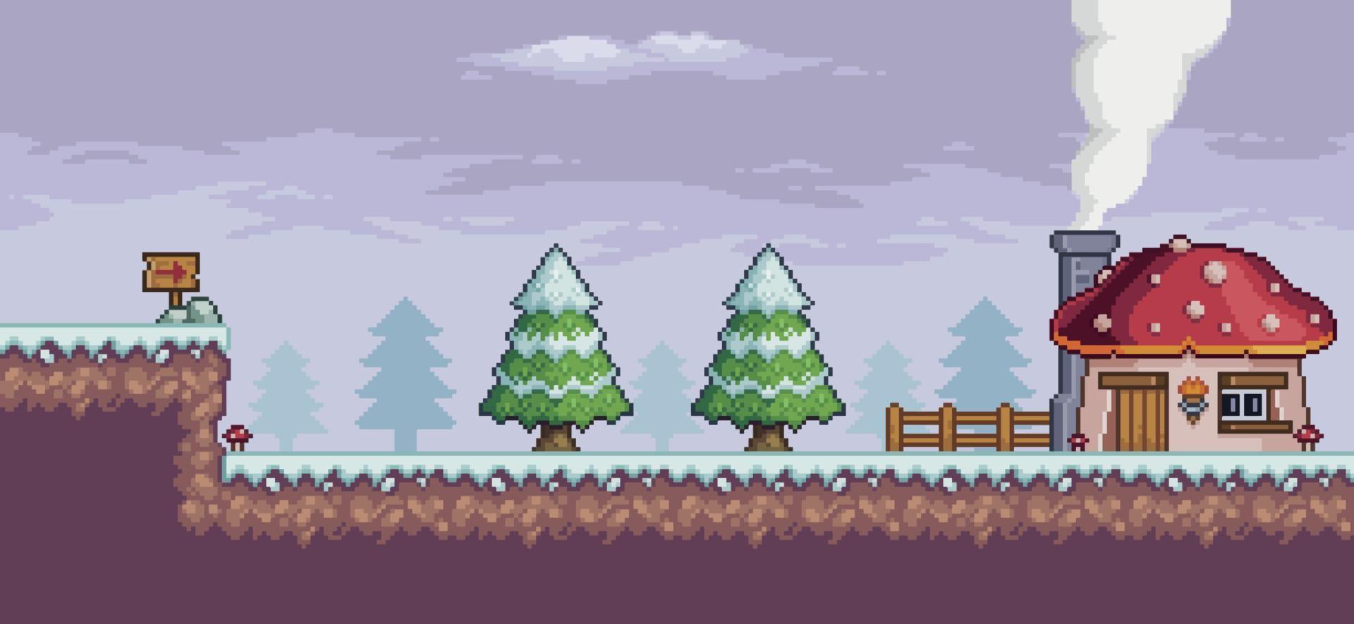 Pixel art game scene in snow with pine trees, house, fence and clouds 8bit backgroundt vector