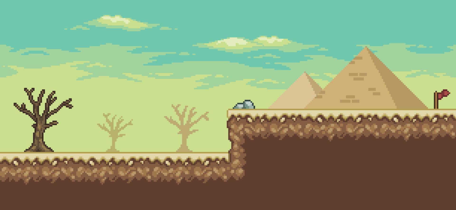escena del juego del desierto de pixel art con palmera, pirámides, cactus, fondo de árbol de 8 bits vector