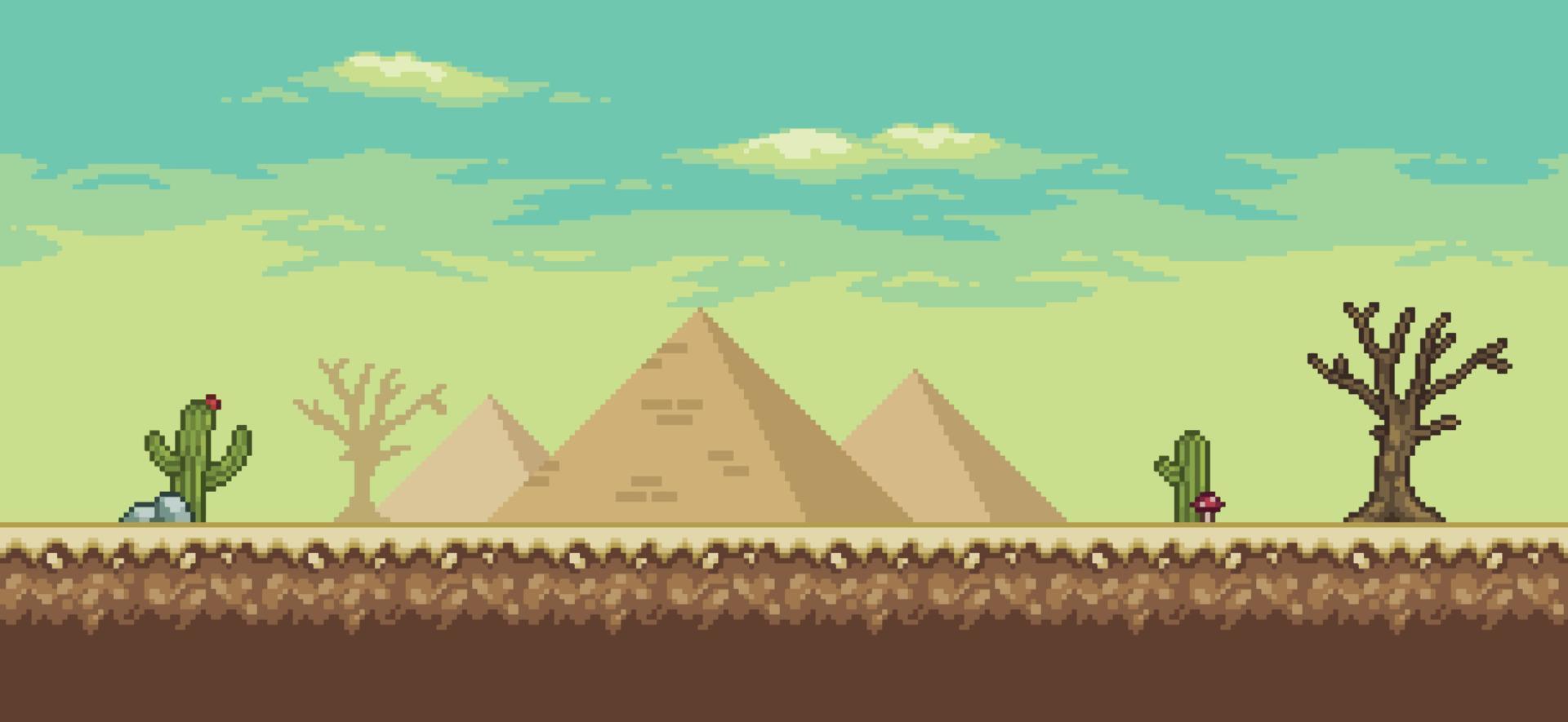 Pixel art desert game scene with palm tree, pyramids, cactuses, tree 8bit background vector