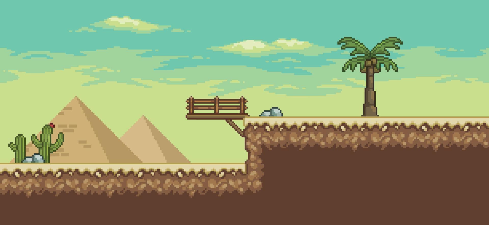 escena de juego del desierto de pixel art con palmera, pirámide, puente, cactus, fondo de 8 bits vector