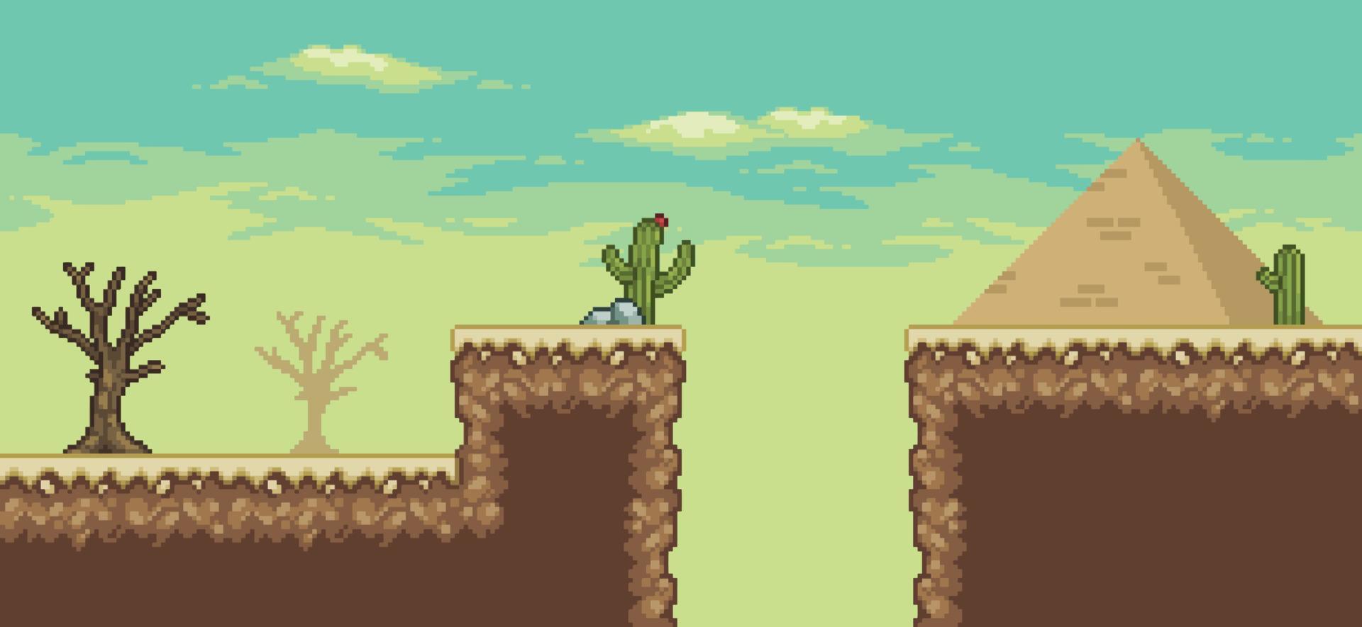 escena de juego del desierto de pixel art con pirámide, palmera, cactus, fondo de árbol seco de 8 bits vector