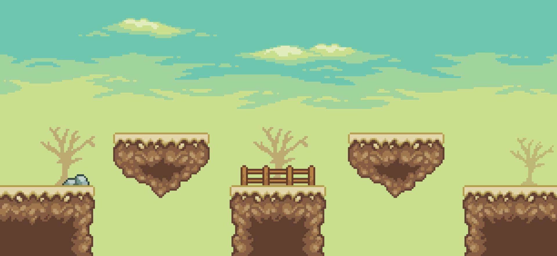 escena del juego del desierto de pixel art con isla flotante, palmera, cactus, fondo de árbol de 8 bits vector