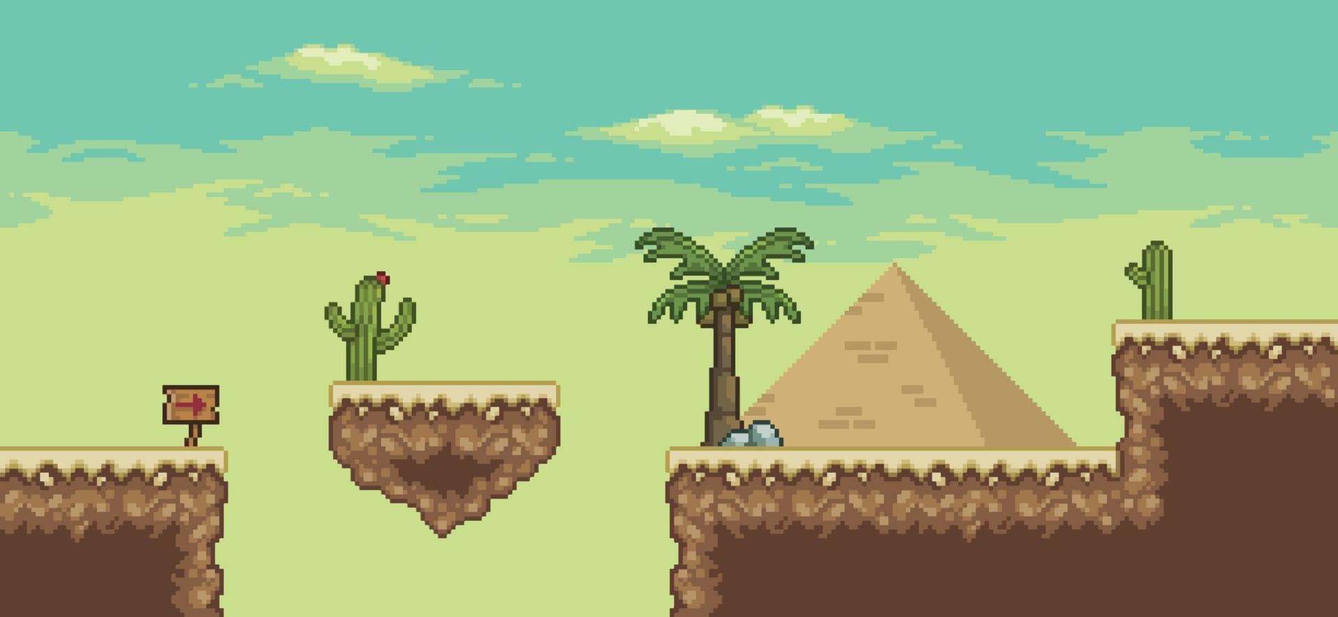 Pixel art desert game scene with pyramid, palm tree, cactuses, floating