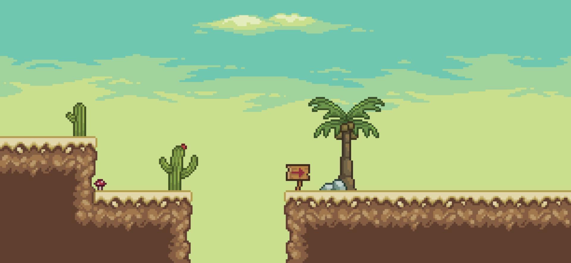 Pixel art desert game scene with palm tree, cactuses 8bit landscape background vector