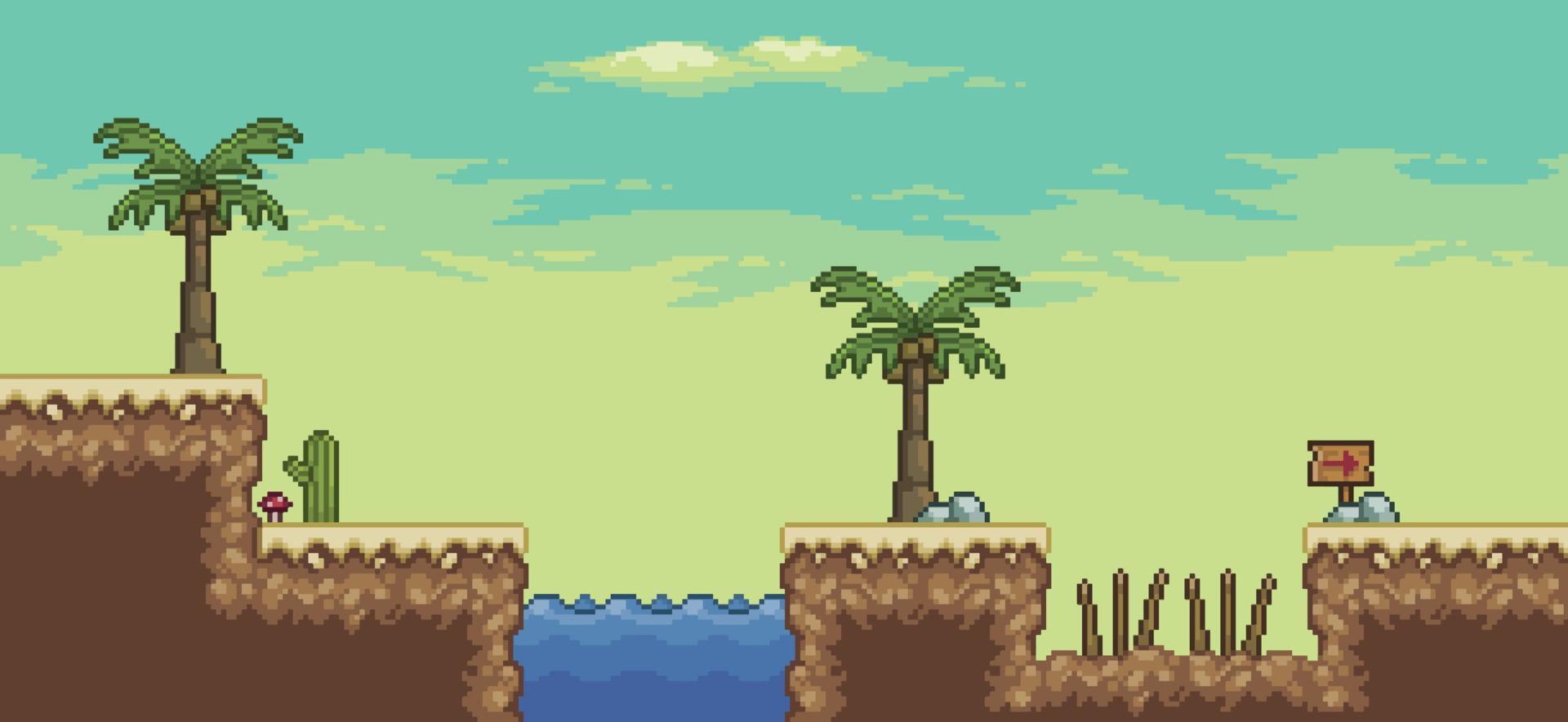 Pixel art desert game scene with  palm tree, oasis, trap, cactuses, 8bit background vector