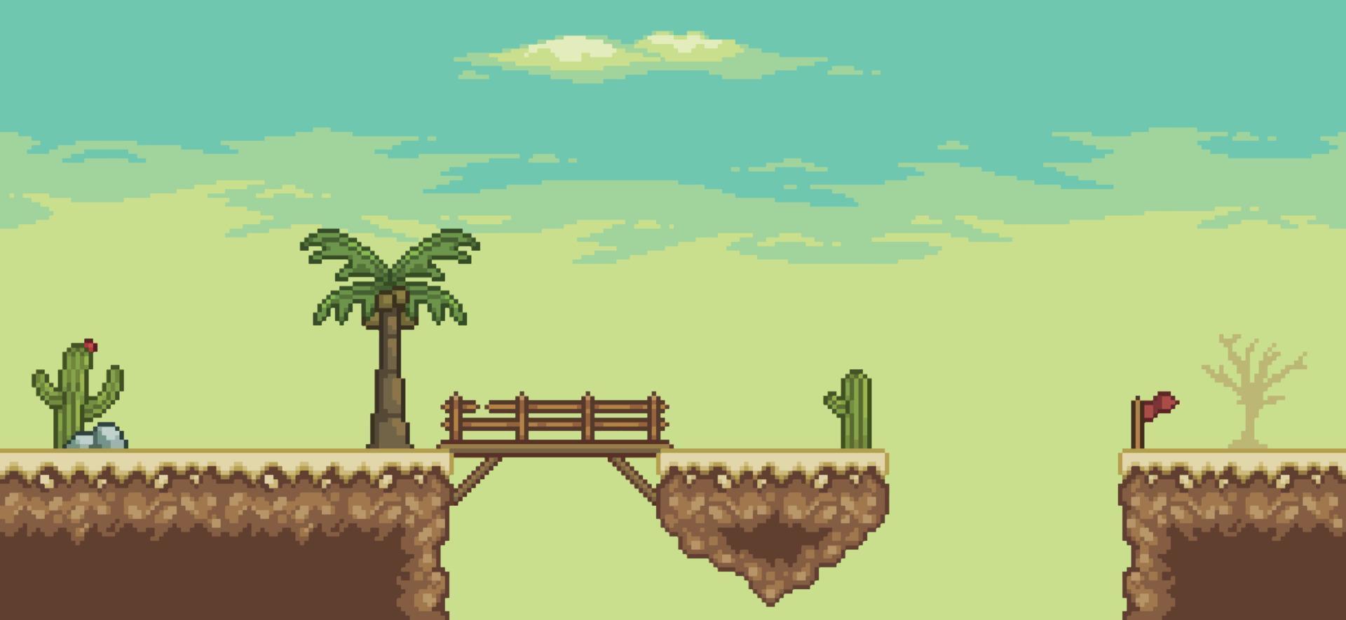 escena del juego del desierto de pixel art con, pirámide, puente, palmera, cactus, fondo de 8 bits vector