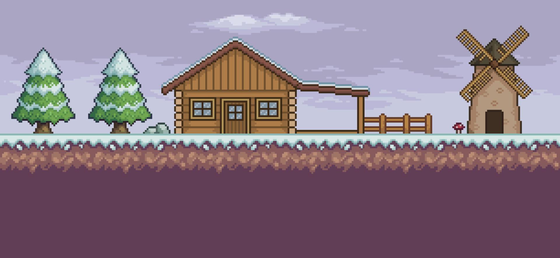 escena de juego de arte de píxeles en la nieve con casa de madera, molino, pinos y nubes fondo de 8 bits vector