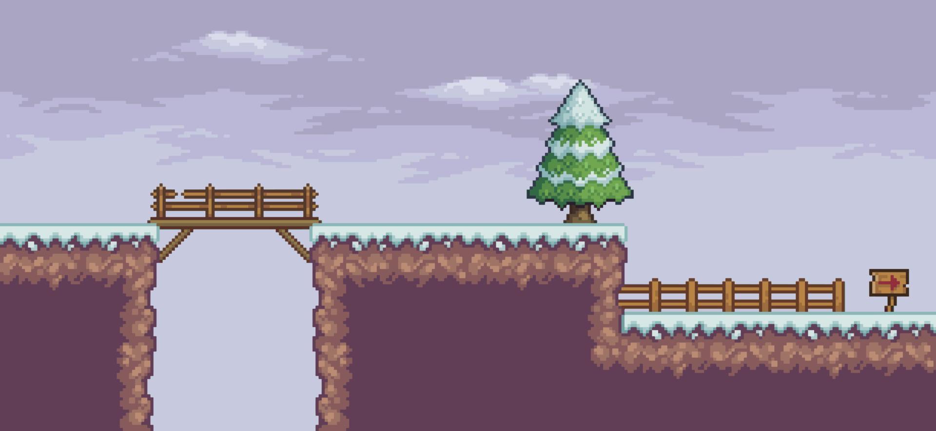 escena de juego de arte de píxeles en la nieve con pinos, puente, valla, nubes y fondo de 8 bits vector