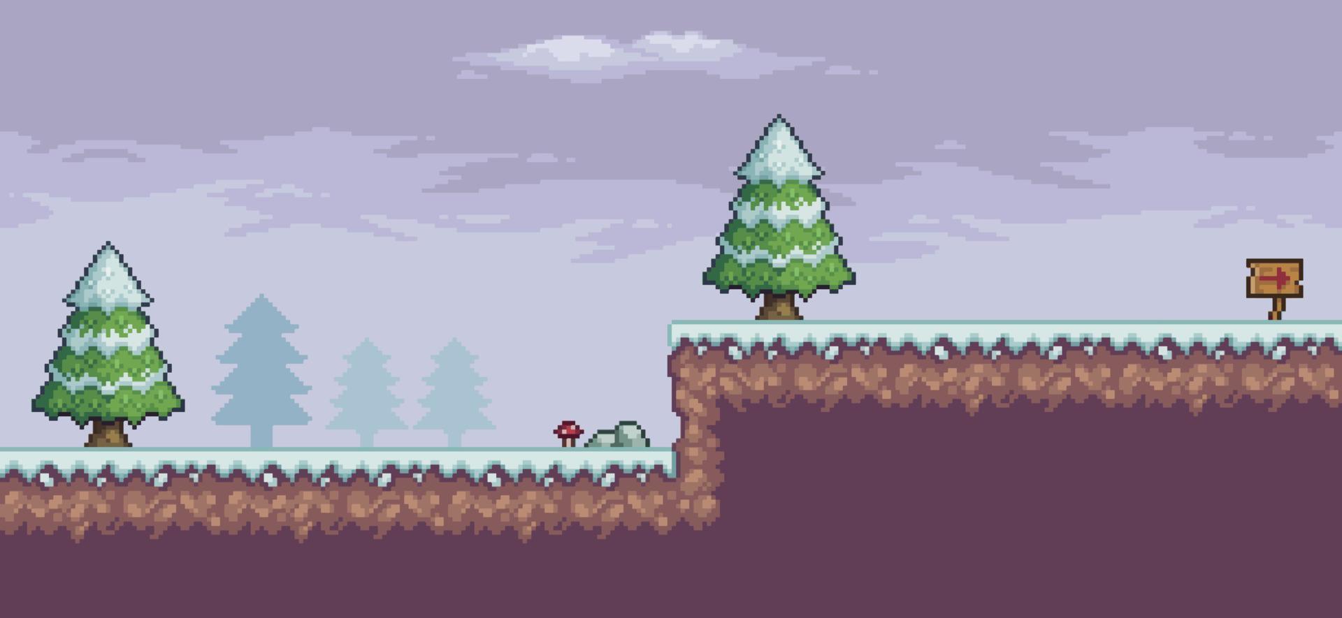 escena de juego de arte de píxeles en la nieve con pinos, nubes, tablero indicativo de fondo de 8 bits vector