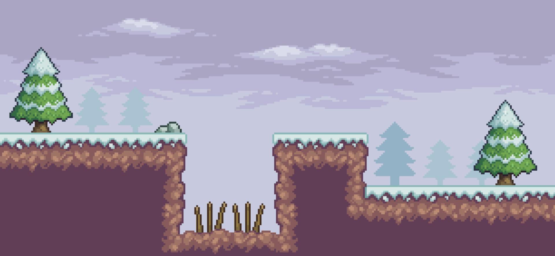 Pixel art game scene in snow with pine trees, trap and clouds 8bit background vector