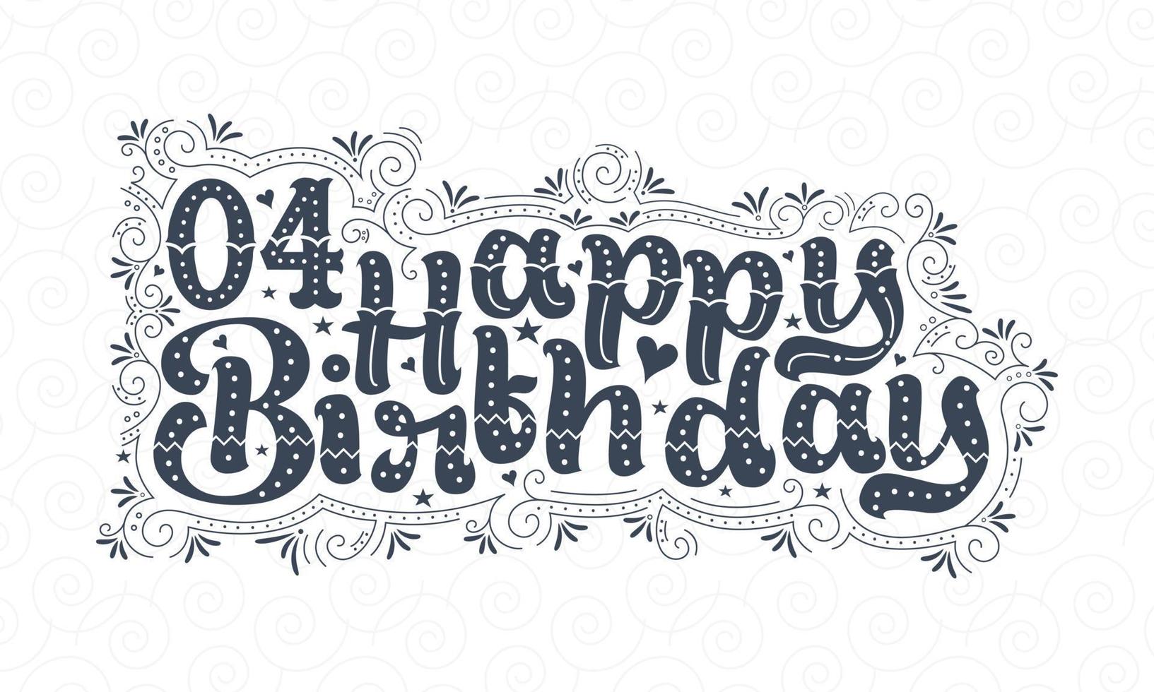 4 letras de feliz cumpleaños, hermoso diseño tipográfico de cumpleaños de 4 años con puntos, líneas y hojas. vector