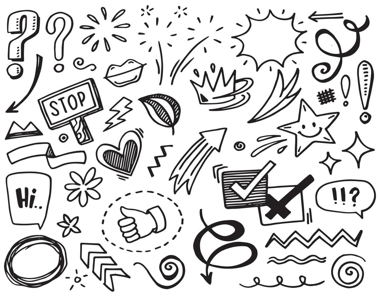 Hand drawn set elements, Abstract arrows, ribbons, hearts, stars, crowns and other elements in a hand drawn style for concept designs. Scribble illustration. Vector illustration.