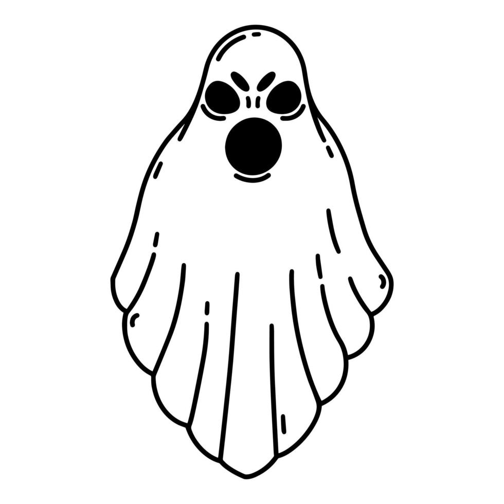 Scary ghost vector icon. Evil spirit with creepy face. Black outline, simple sketch isolated on white. Screaming Halloween poltergeist, flying phantom. Clipart for holiday decorations, web, logo,cards