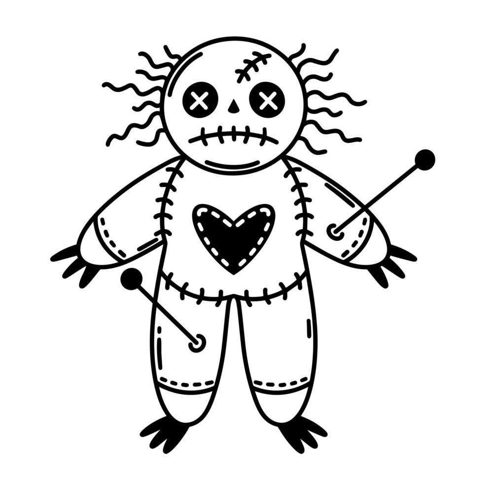 Voodoo doll vector icon. Sad fabric toy. Ritual magical symbol. Black outline, simple sketch isolated on white. Doll with a heart, a body with stuck needles. Clipart for web, logo, apps, printing
