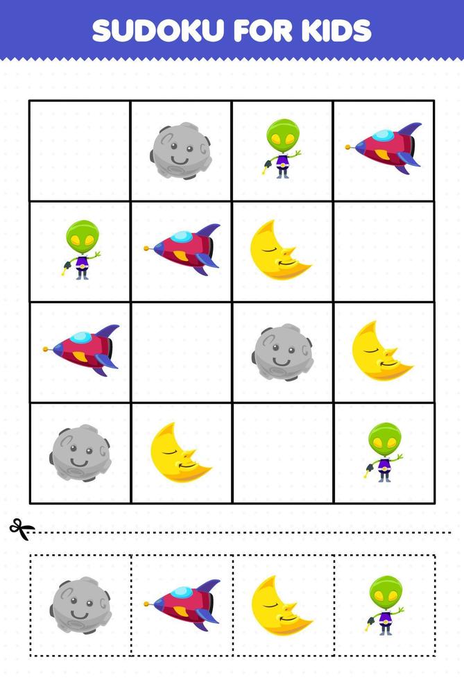 juego educativo para niños sudoku para niños con dibujos animados lindo sistema solar planeta alienígena cohete luna imagen vector