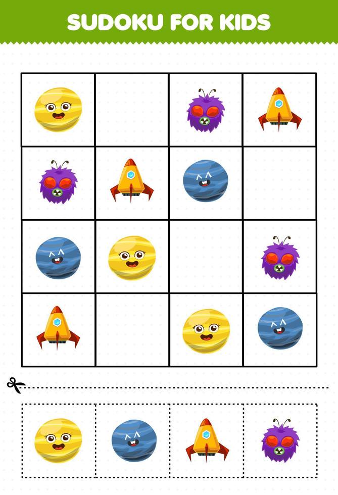 juego educativo para niños sudoku para niños con dibujos animados lindo sistema solar planeta cohete alienígena imagen vector