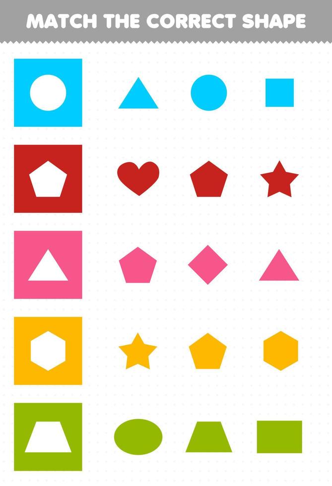 Education game for children match the correct shape geometric printable worksheet vector