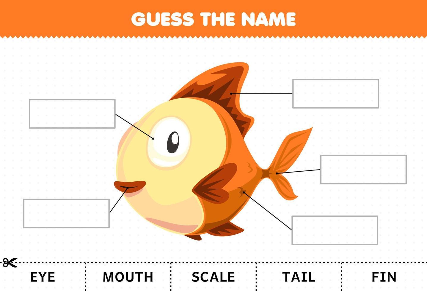 Education game for children guess the name of cute cartoon fish body part worksheet vector