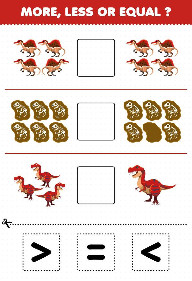Education game for children more less or equal count the amount of cartoon prehistoric red dinosaur spinosaurus fossil tyrannosaurus then cut and glue cut the correct sign vector